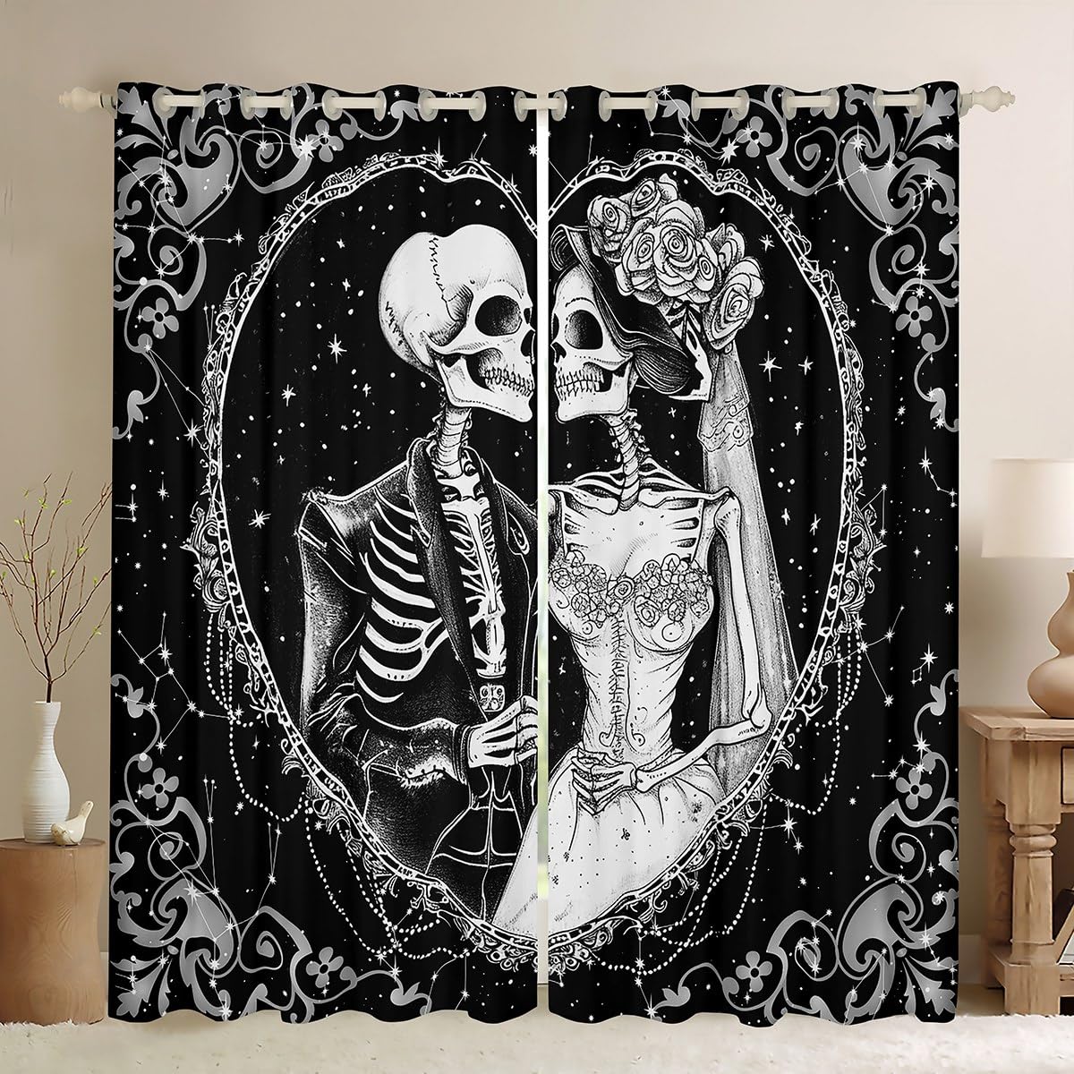 Manfei Skeleton Couple Kids Blackout Curtain Gothic Skull Window Drapes for Boys Girls Bedroom Decor, Halloween Black White Window Treatments, Grommet Top 2 Panel Set Bedroom Curtains, 46Wx54L inch