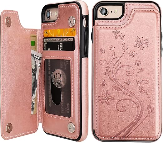 Amazon Com Iphone 7 Iphone 8 Iphone Se Case Wallet With Card Holder Vaburs Embossed Butterfly Premium Pu Leather Double Magnetic Buttons Flip Shockproof Protective Cover For Iphone 7 8 Se C Rose Gold