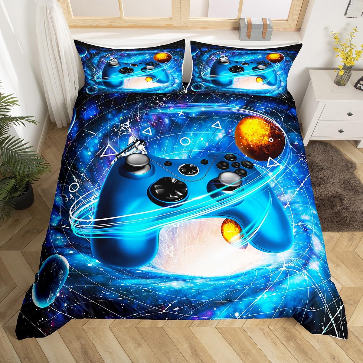 Boys Gamer Duvet Cover Video Gamepad Bedding Set for Kids Teens Adults Galaxy Player Gaming Controller Comforter Cover Glitter Games Blue Decor Bedspread Cover with 1 Pillowcase 2Pcs Bedding Single