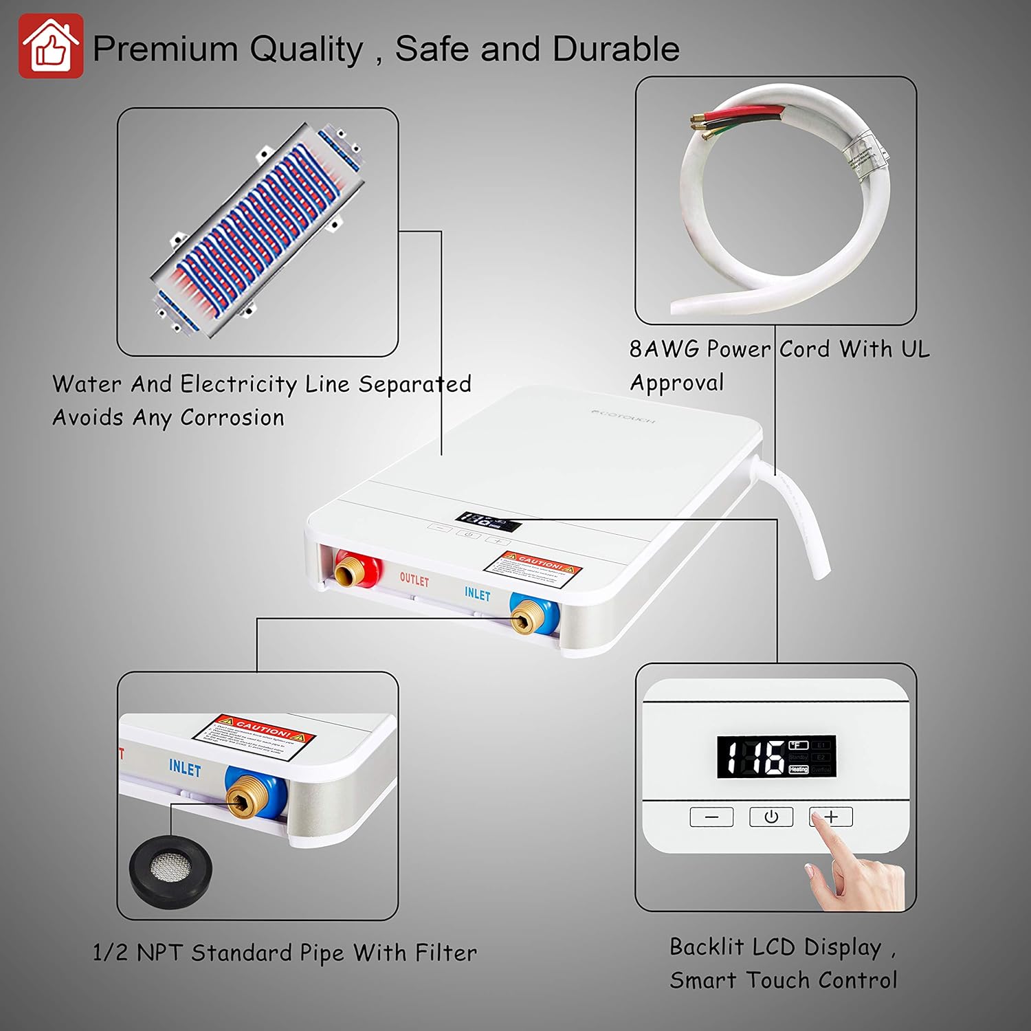 Tankless Water Heater Electric ECOTOUCH 9KW 240V on Demand Water Heater Self-Modulating Instant Hot Water Heater Point Of Use Water Heater ECO90 White - - 