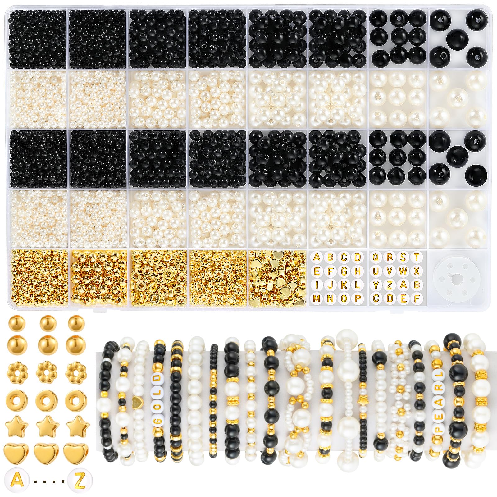 Photo 1 of 2230pcs Black and White Pearl Beads, 5 Sizes Round Pearls Beads for Jewelry Making Bracelets, Small Black Pearls with Gold Spacer Bead Letter Bead for Crafts Necklaces Earrings DIY