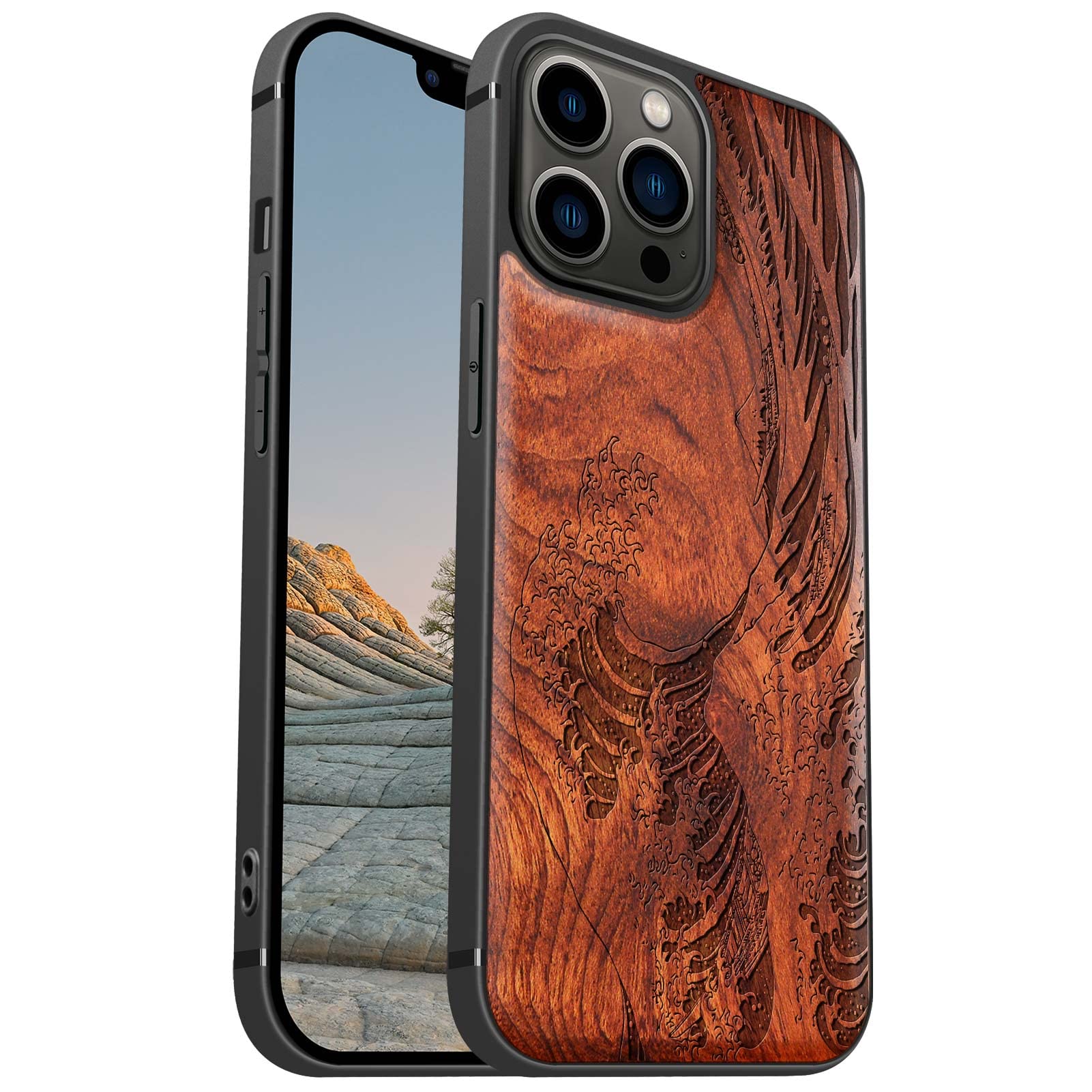 Carveit Magnetic Wood Case for iPhone 13 Pro Max [Hard Real Wood & Soft TPU] Shockproof Protective Cover Wooden Design Bumper Case Compatible with MagSafe (DWave Kanagawa-Rosewood)