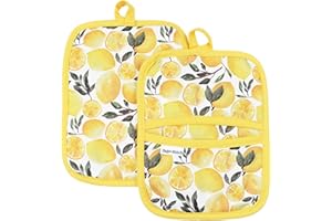 Sage+Stitch Heat Resistant Designer Pot Holders with Hand Pockets and Hanging Loops | Set of 2 100% Cotton Dual Function Kitchen Pot Holders and Trivets | 7'' x 9'' | Yellow Lemons
