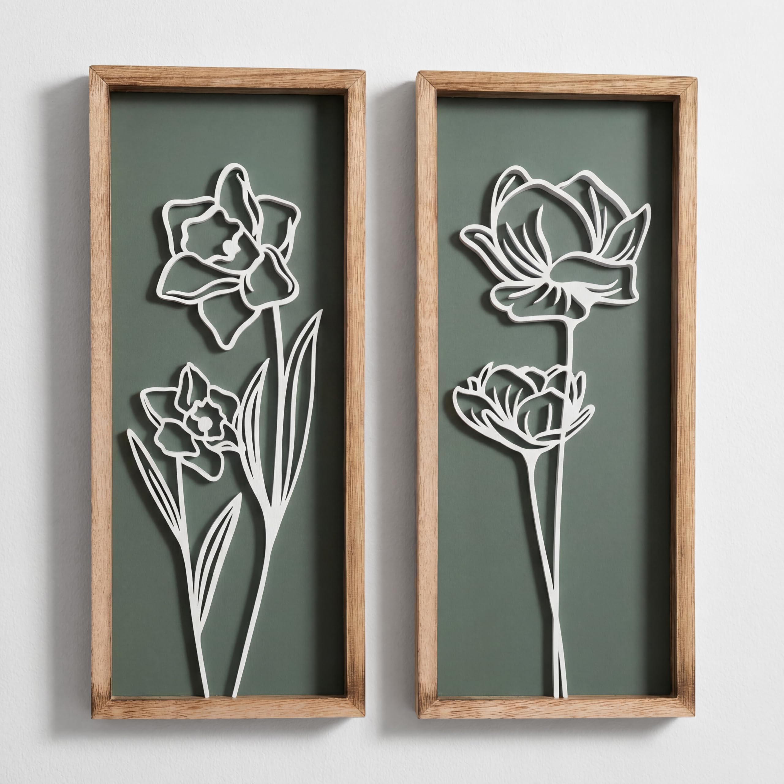 3D Floral Green Wall Art (Set of 2) Lightweight, Wooden Ready-to-Hang Boho Framed Wall Art for Bathroom, Bedroom, Living Room or Office – Premium Sage Green Farmhouse Decor – Gift-Boxed