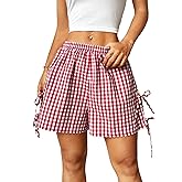 Verdusa Women's Gingham Plaid Shorts Bow Tie Split Elastic Waist Y2k Wide Leg Shorts Summer Vacation Outfits Picnic Clothes