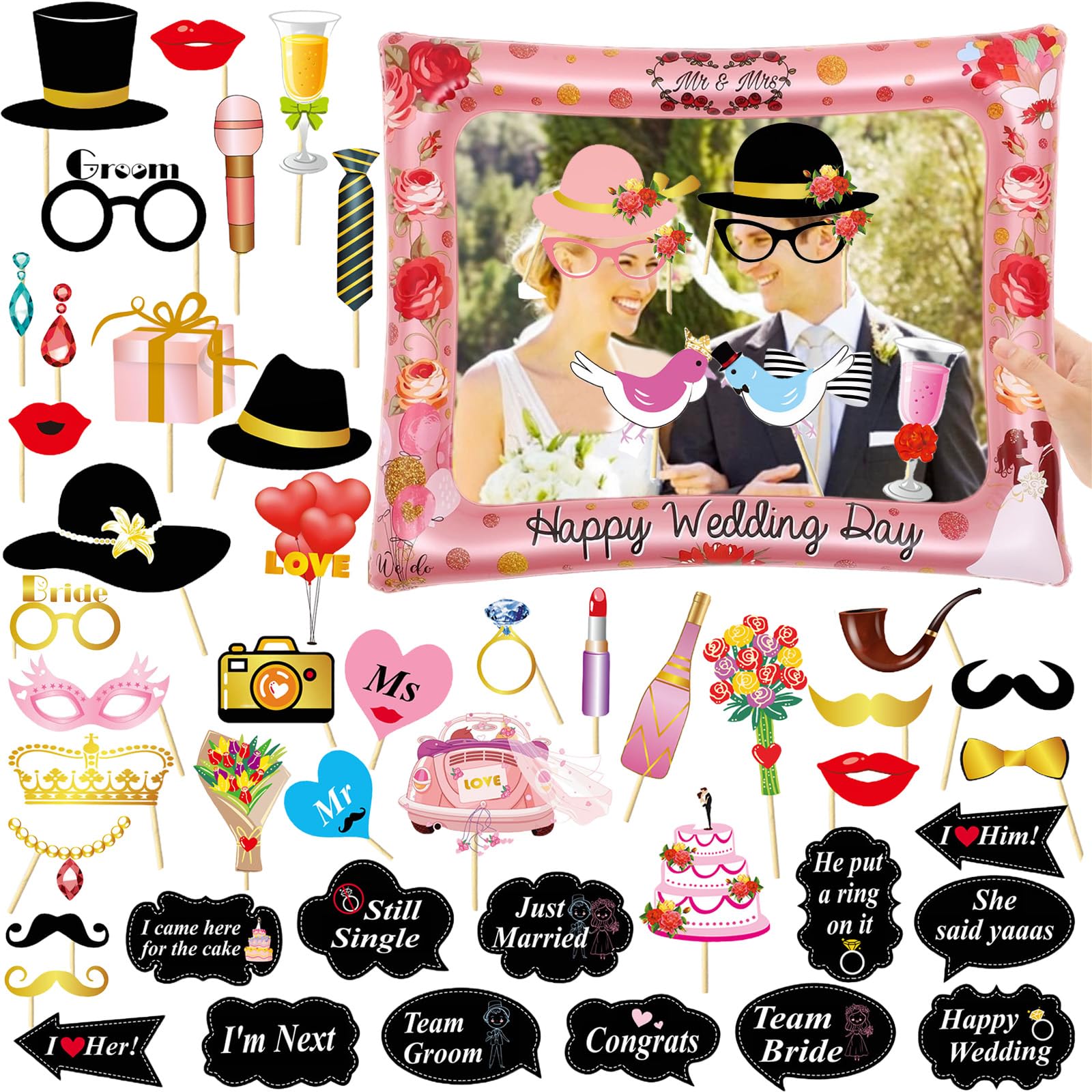 POPOYU Wedding Party Inflatable Photo Booth Frame with 53Pcs Photo Booth Props Selfie Picture Frame for Bridal Shower Wedding Party Game Accessories,Giant Props·Frame Engagement Blow Up Party·Props