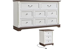 OKYCI 2PC Farmhouse Dresser and Nightstand Sets for Bedroom, Including 8 Drawer Dresser & 3 Drawer Night Stand with USB,Antique White