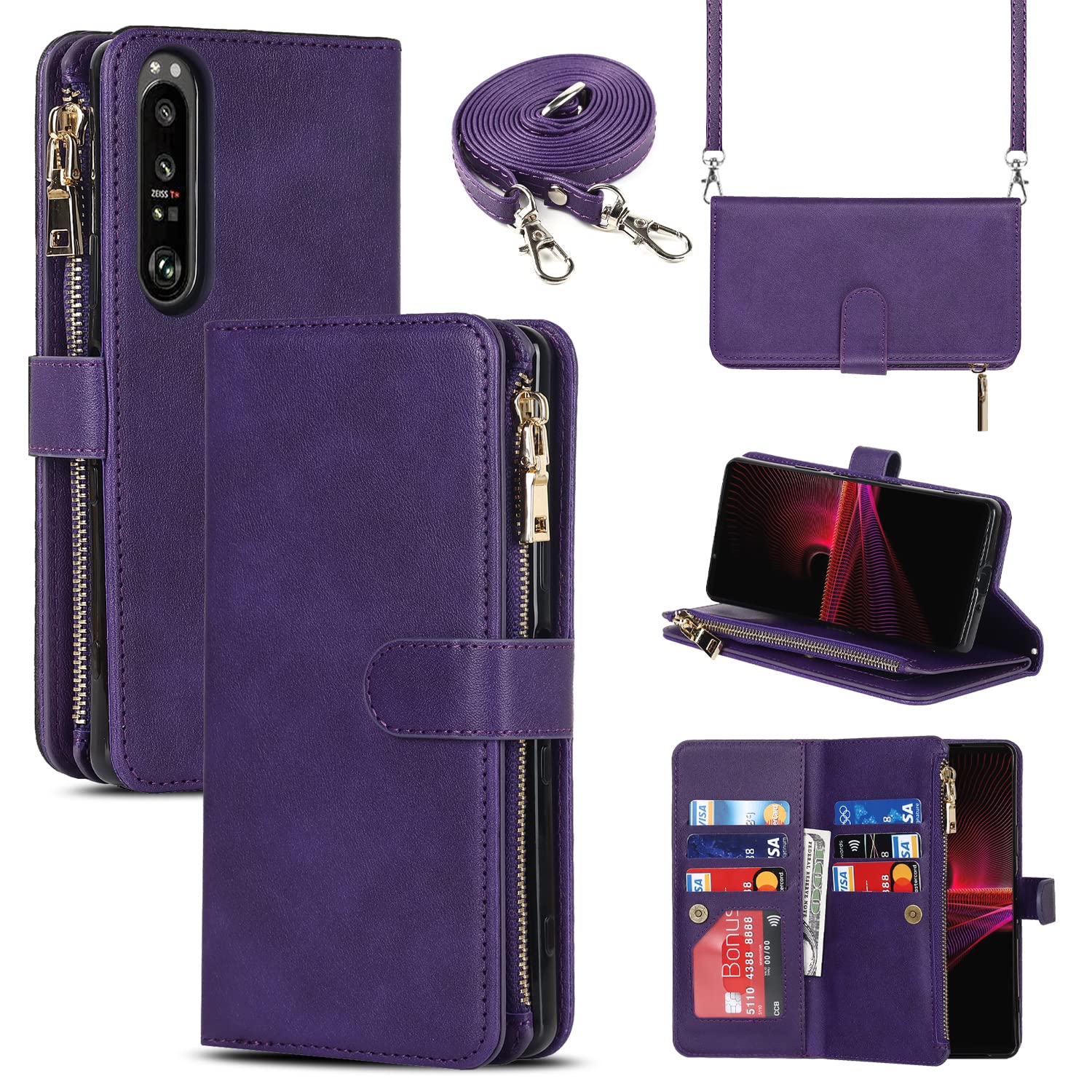 Cavor Phone Case Compatible with Sony Xperia 1 III Case With Card Holder With Strap,Flip Leather Wallet Case,[9 Card Holders][Zipper Pocket],Crossbody Cover Case for women - Purple