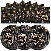 50pcs New Year Paper plates and napkins, 7inch Happy New Years Eve Party Supplies 2026 Disposable Black and Gold Dessert Plate Party Tableware Set for Newyear Holiday Celebration Dinner Decorations