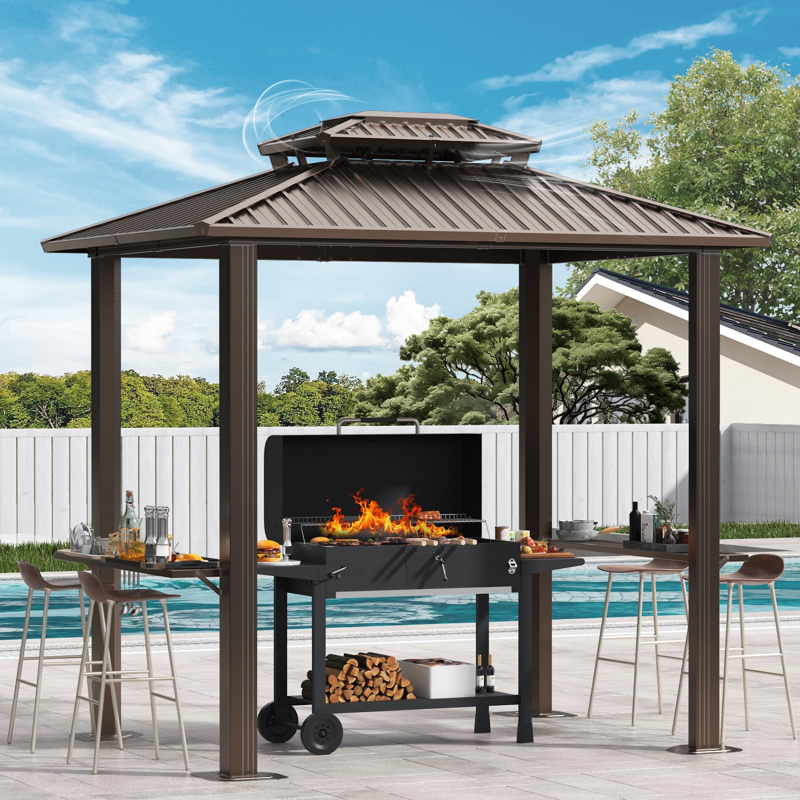 Photo 1 of (Incomplete set) Hoteel 6x8ft Hardtop Grill Gazebo, Outdoor Patio Aluminum Frame Barbecue Gazebo with Galvanized Steel Double Roof and 2 Side Shelves for Deck Lawn Backyard Garden and Party, Brown