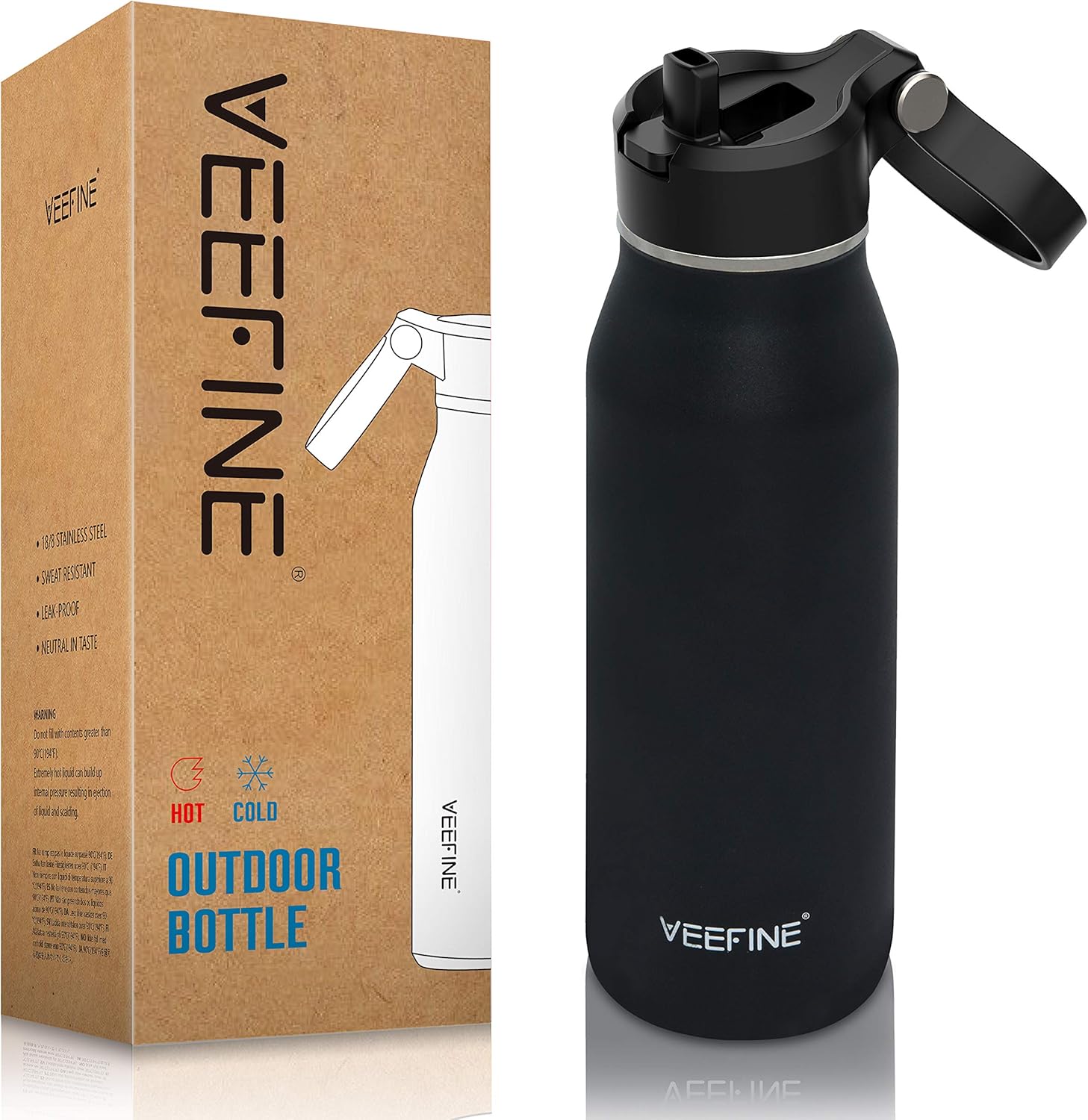 VEEFINE Water Bottle with Straw Lid Vacuum Insulated Stainless Steel Water Bottles Keep Cold Hot Leak Proof Thermos BPA Free Powder Coating Sweat Free for Camping Hiking Yoga and Gym, 20/32/40oz