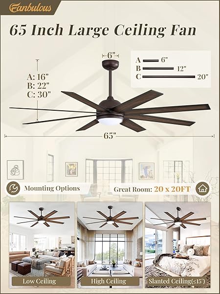 FANBULOUS 65 INCH CEILING FANS WITH LIGHTS AND REMOTE, BRONZE INDOOR/OUTDOOR CEILING FAN WITH QUIET REVERSIBLE DC MOTOR, 6 SPEEDS, 3CCT, 8 BLADES LARGE CEILING FAN FOR LIVING ROOM BEDROOM PATIO