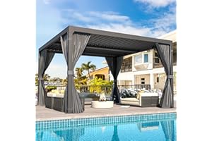 MELLCOM Louvered Pergola - 12x12 Aluminum Pergola with Adjustable Louvered Roof, Waterproof Curtains and Nets, Dark Grey