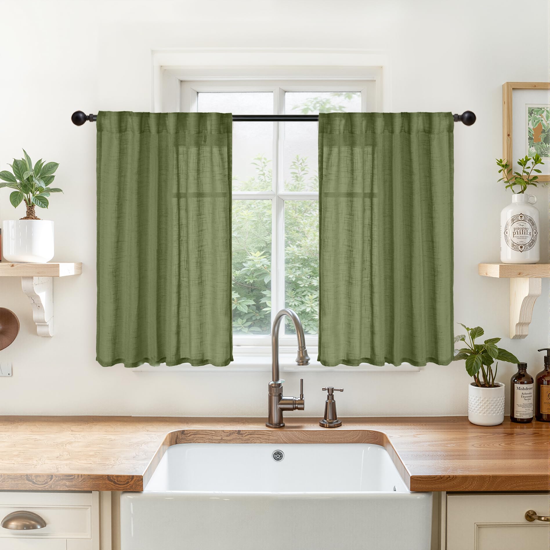Photo 1 of YoungsTex Olive Green Linen Kitchen Window Curtains 36 Inch Length - Small Semi Sheer Drapes with Back Tab Rod Pocket Lightweight for Bathroom Cafe Window, 2 Panels, 34 X 40 Inch