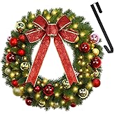 Juegoal 21 Inch Pre-Lit Christmas Wreath with Metal Hanger, Lighted Xmas Folded Wreath with 60 LED Lights, Red Bow and Colorful Balls, Battery Operated & Timer for Outdoor Home Window Wall Front Door
