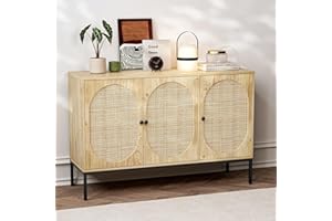 IKIFLY Accent Storage Cabinet with Handmade Natural Rattan Doors, Sideboard Buffet Cabinet with Storage for Living Room, Hallway, Entryway, Kitchen - Natural, 3 Doors