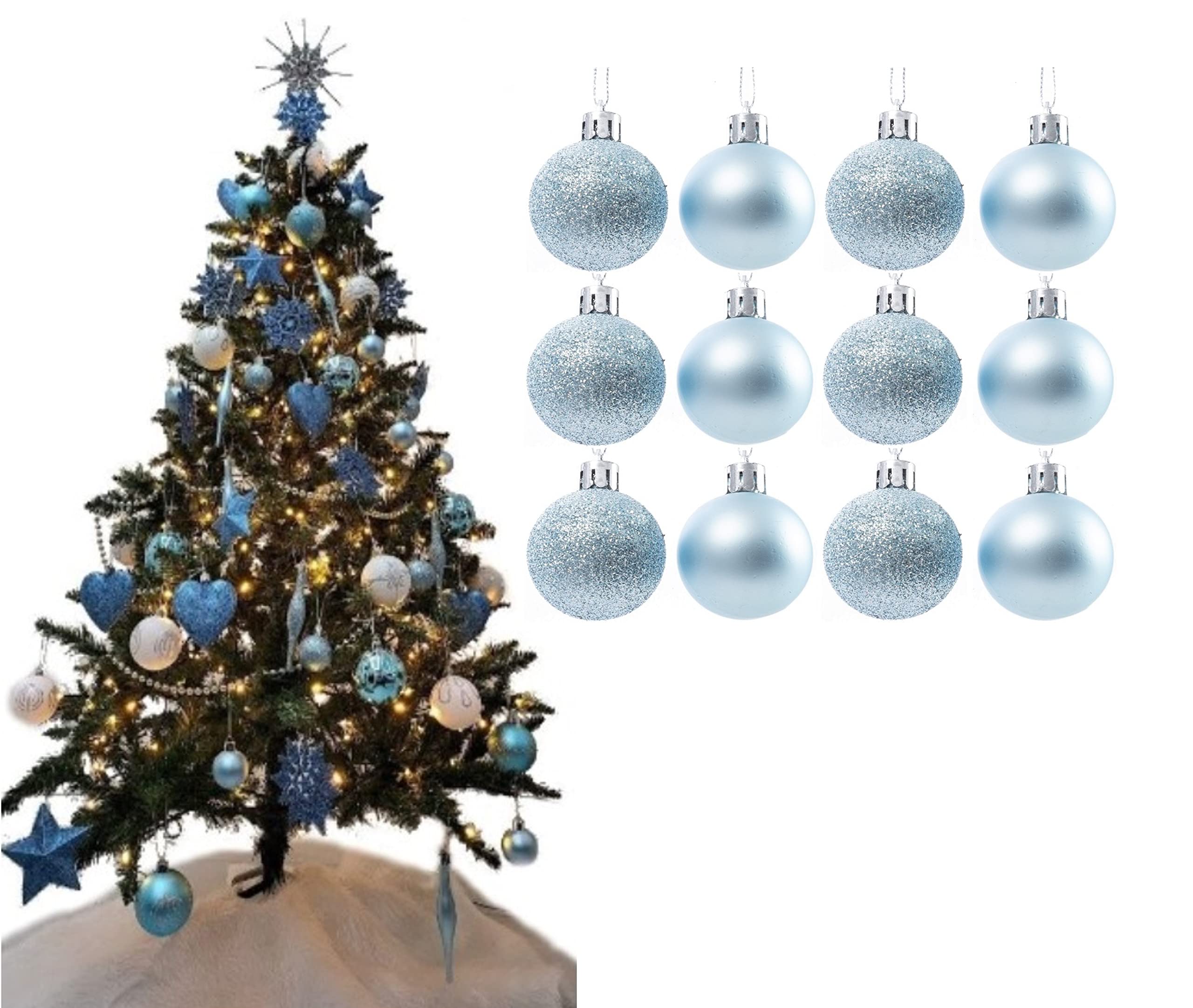 Simply Products Christmas Tree Decoration Baubles 3.8cm - Great Christmas Tree Hanging Ball Decorations, Matte & Glitter Baubles Pack of 12-3.8cm (Ice Blue Matte & Glitter)