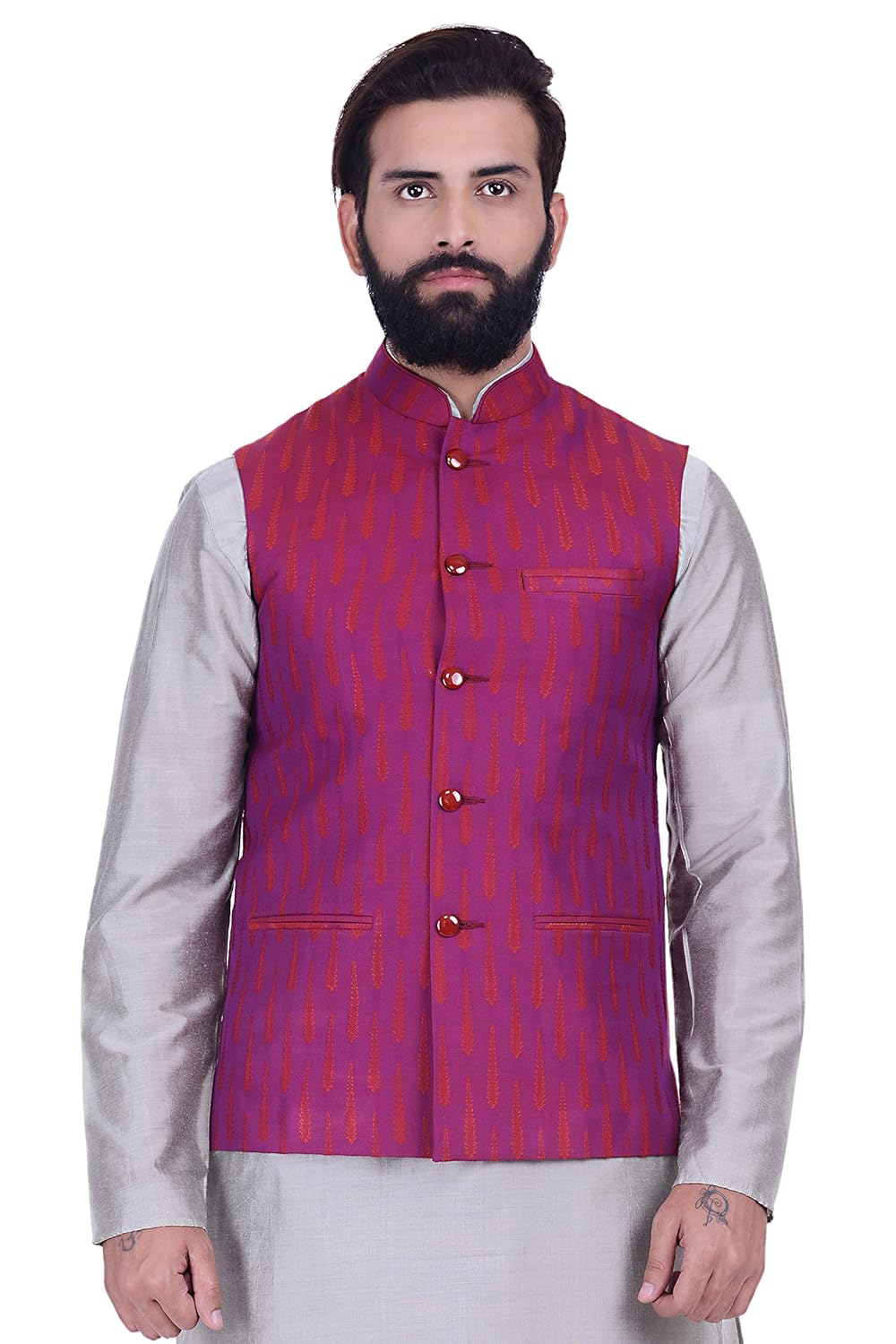 kisah jaquard cotton silk magenta men's nehru jacket