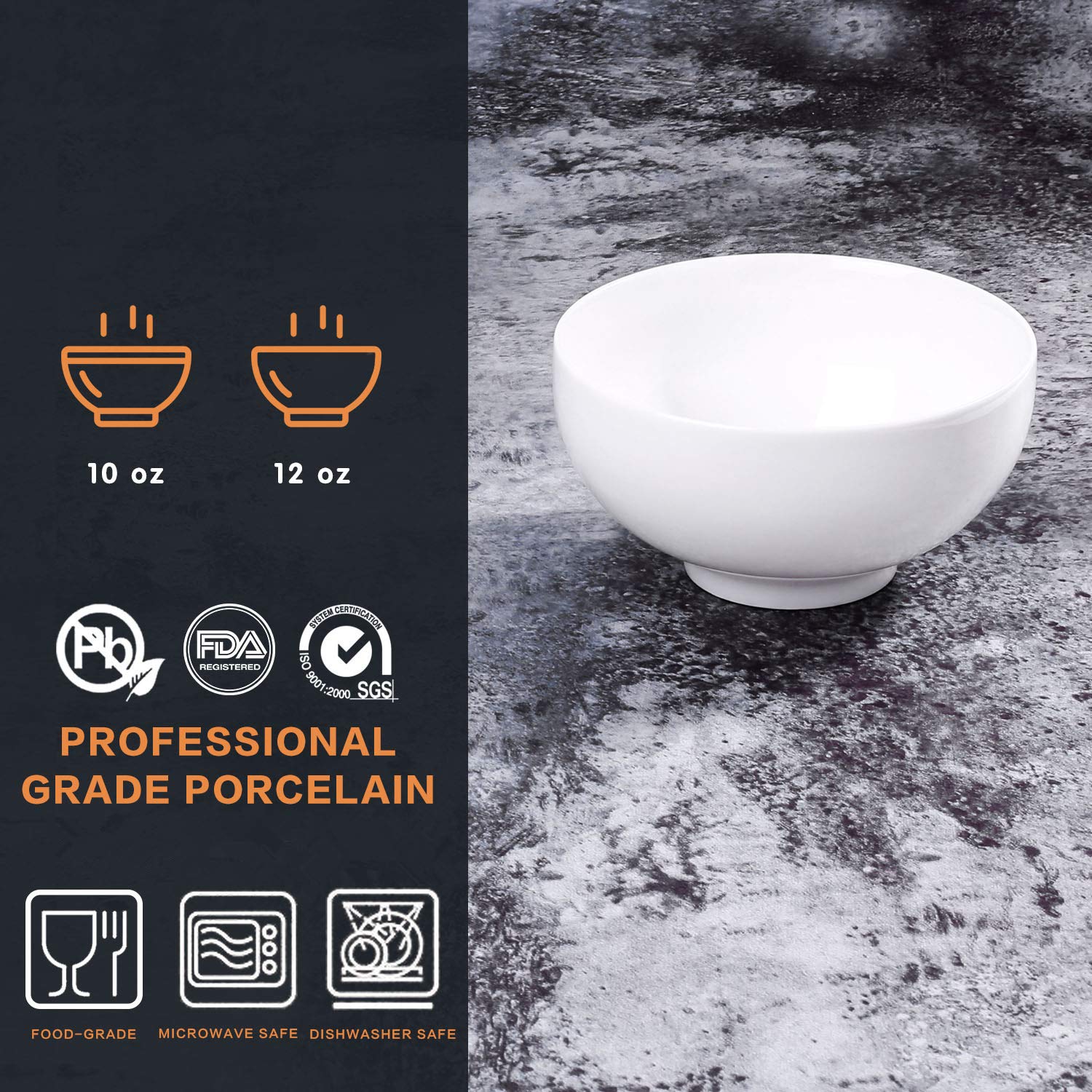 Alt-GT 6 Packs 12 Ounce Porcelain Small Cereal Bowl Set for Ice Cream,Salad,Fruits,Small Side Dishes,Cereal,Dessert,Snack,Sauce Dip,Ceramic Bowl with Microwave and Dishwash Safe,White