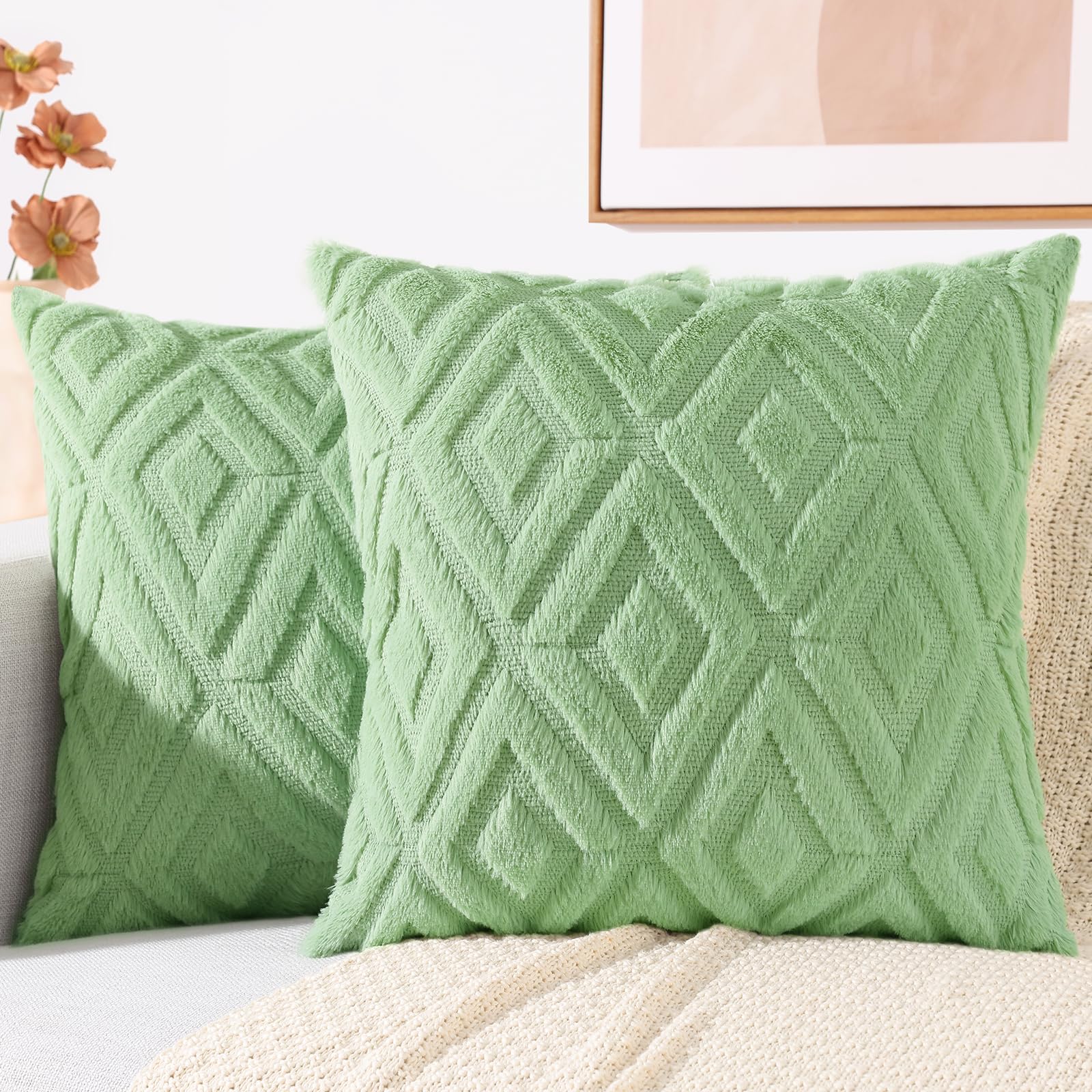Photo 1 of (used/fair) decorUhome Couch Throw Pillow Covers 18x18 Set of 2, Decorative Soft Plush Faux Wool Neutral Accent Pillow Covers for Bed Sofa Living Room, Sage Green