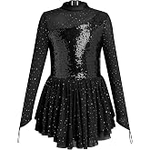 Figure Skating Dress Girl Sparkly Sequin Mock Neck Toddler Ice Skating Rhythmic Gymnastics Leotard with Chiffon Skirt