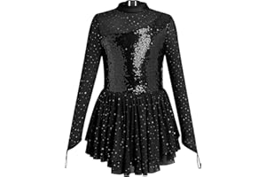 IBAKOM Figure Skating Dress Girl Sparkly Sequin Mock Neck Toddler Ice Skating Rhythmic Gymnastics Leotard with Chiffon Skirt