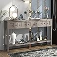 Merax Long Narrow Entryway Table for Living Room, 2 Tier Console Table with Storage, Farmhouse Sofa Table with Drawers and Bottom Shelf for Hallway, Gray Wash