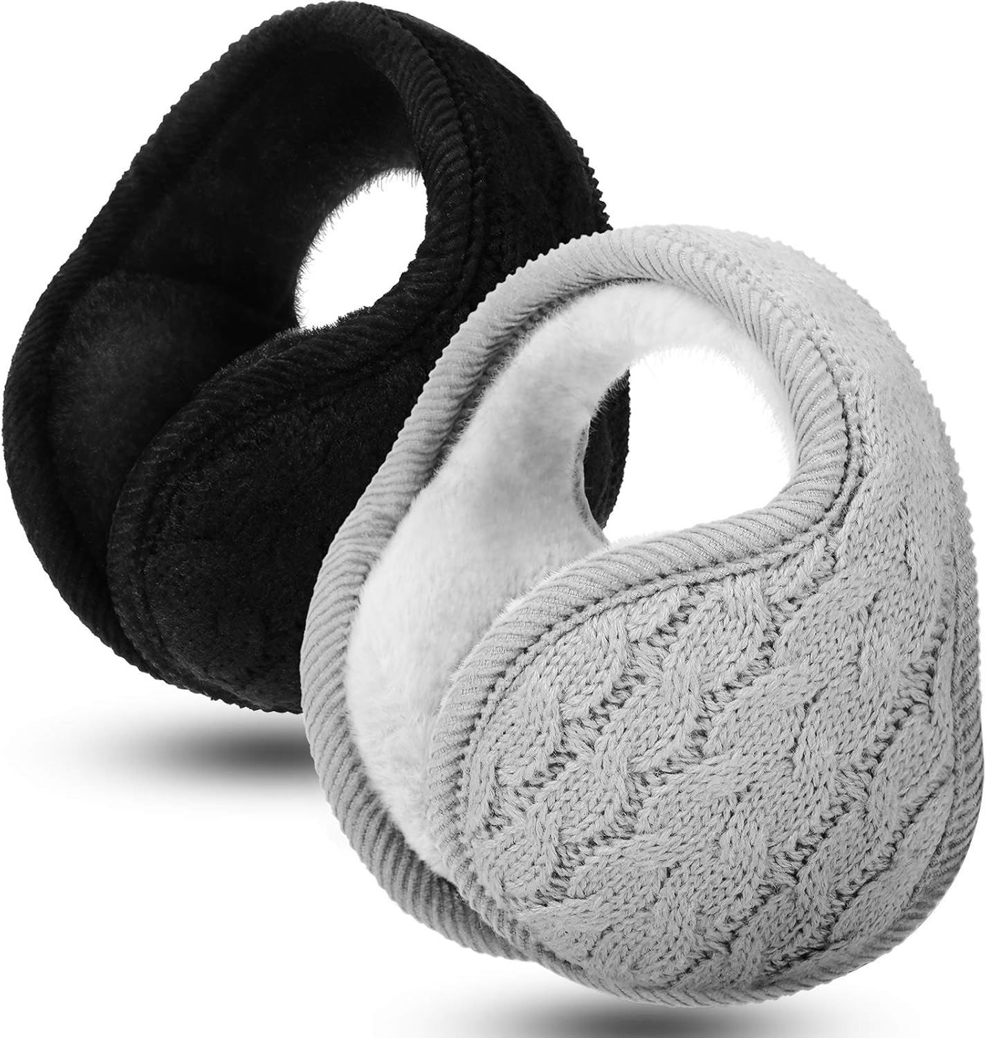 2 Pieces Foldable Ear Warmers Adjustable Knitted Earmuffs with Fuzzy Fleece Lining Unisex Furry