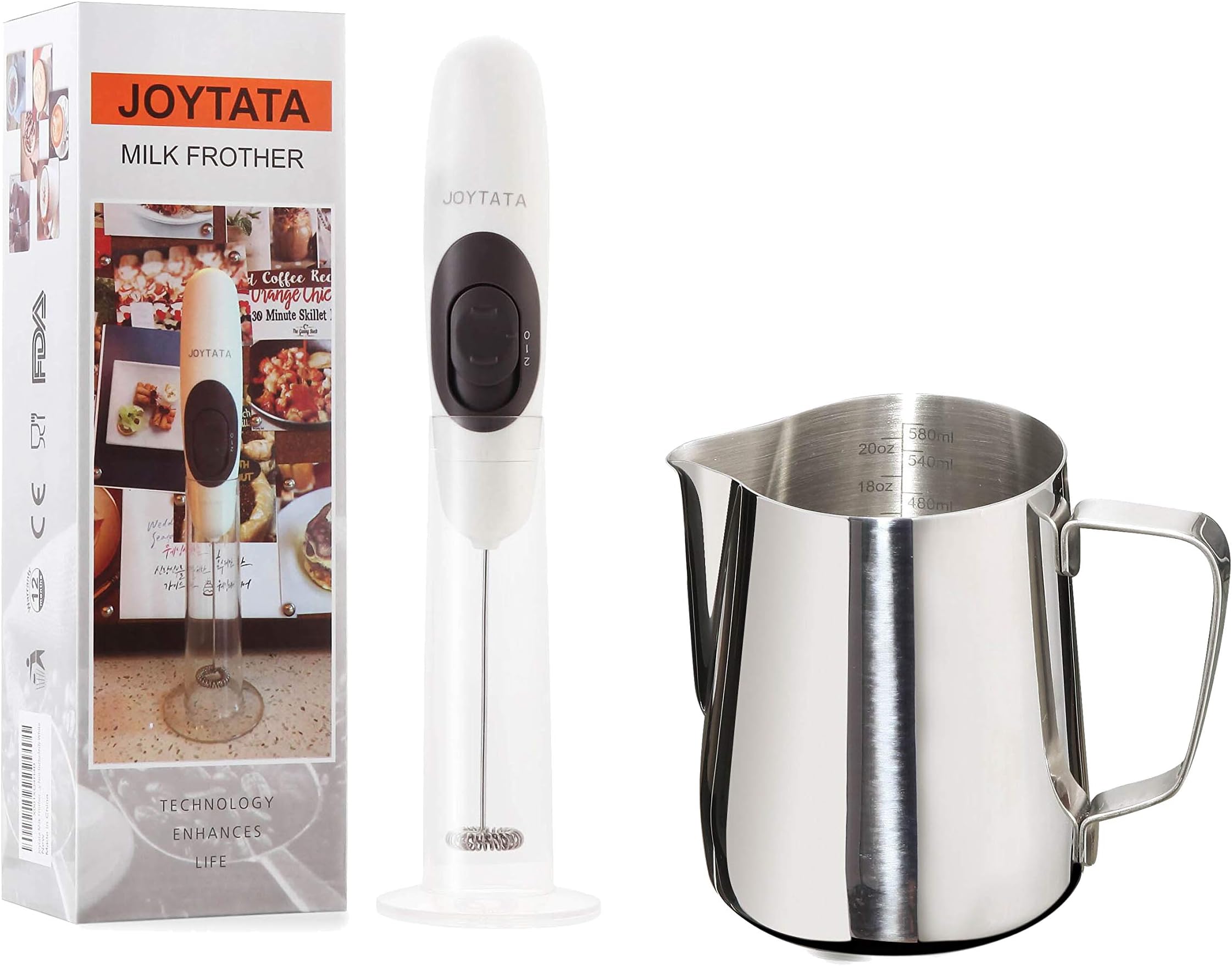 Joytata Handheld Milk Frother 20oz Frothing Pitcher Set,Stainless Steel Cup Double Measurement Scales Perfect for Latte Art Espresso Cappuccino Maker-Battery Operated Coffee Frother Wand Milk Pitcher