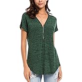 LUSMAY Women's Casual Zipper V Neck Short Sleeve Tunic Tops Loose Fitting T Shirts Blouse