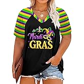 QAUN Plus Size Mardi Gras Shirt: Fat Tuesday Carnival Vneck Tshirt Carnival Outfit Short Sleeve Tops
