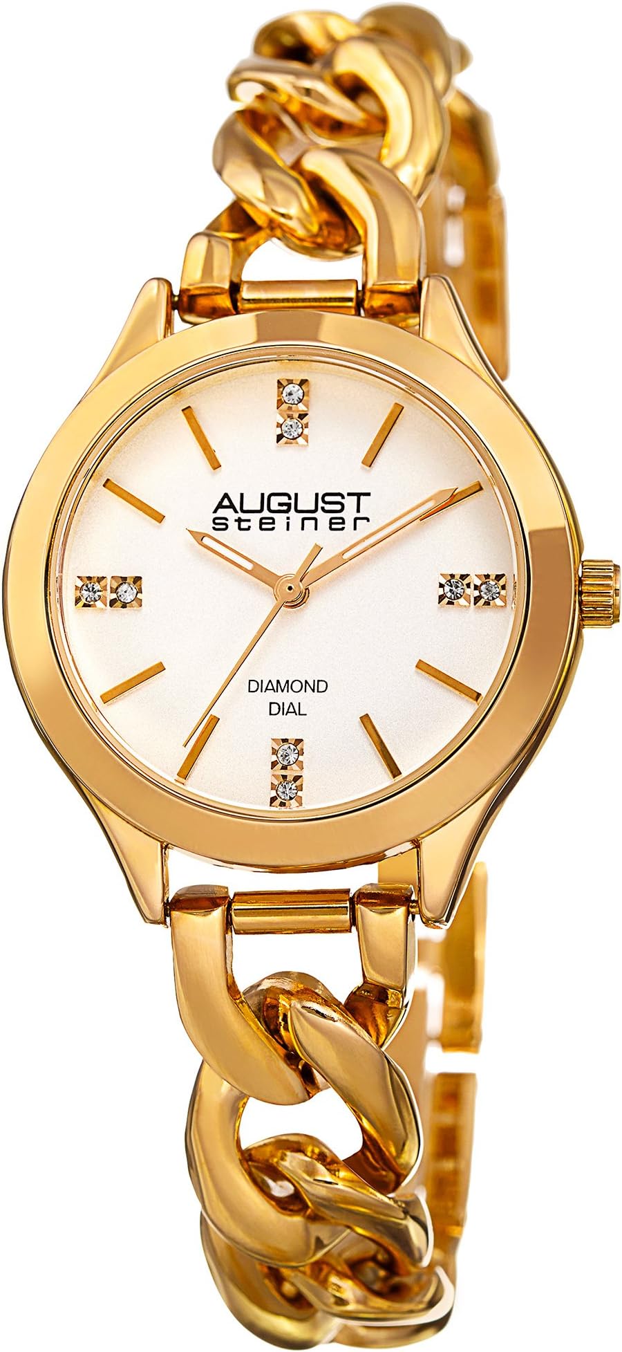 Women's Genuine Diamond Gold-Tone Case with Silver-Tone Dial and Gold-Tone Steel Chain Link Bracelet Watch AS8222YG