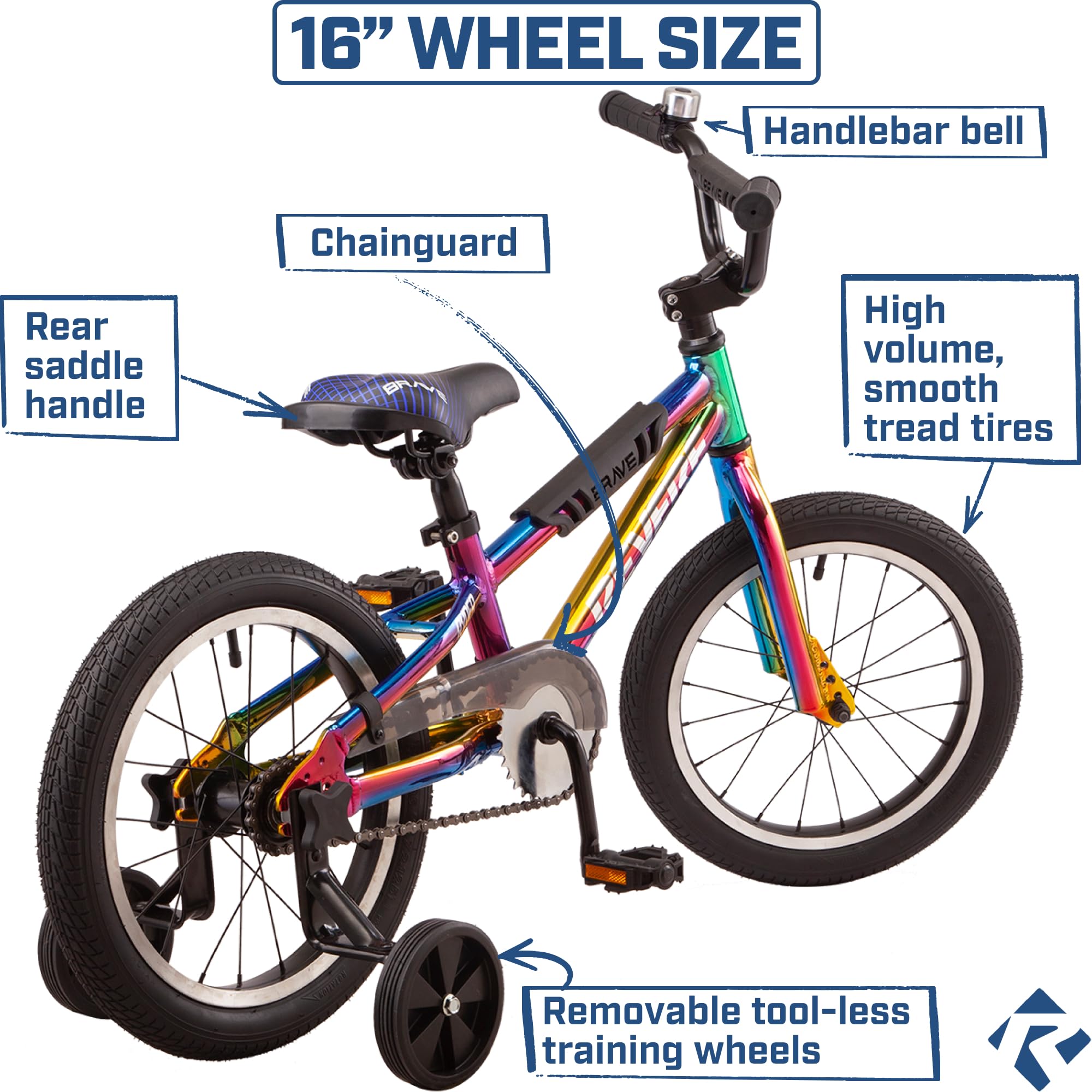 Revere16 Freestyle BMX Kids Bike for Boys and Girls. Lightweight Aluminum Frame and Fork. Tool-Less Quick Release Training Wheels. Easy to Ride! (Oil Slick)