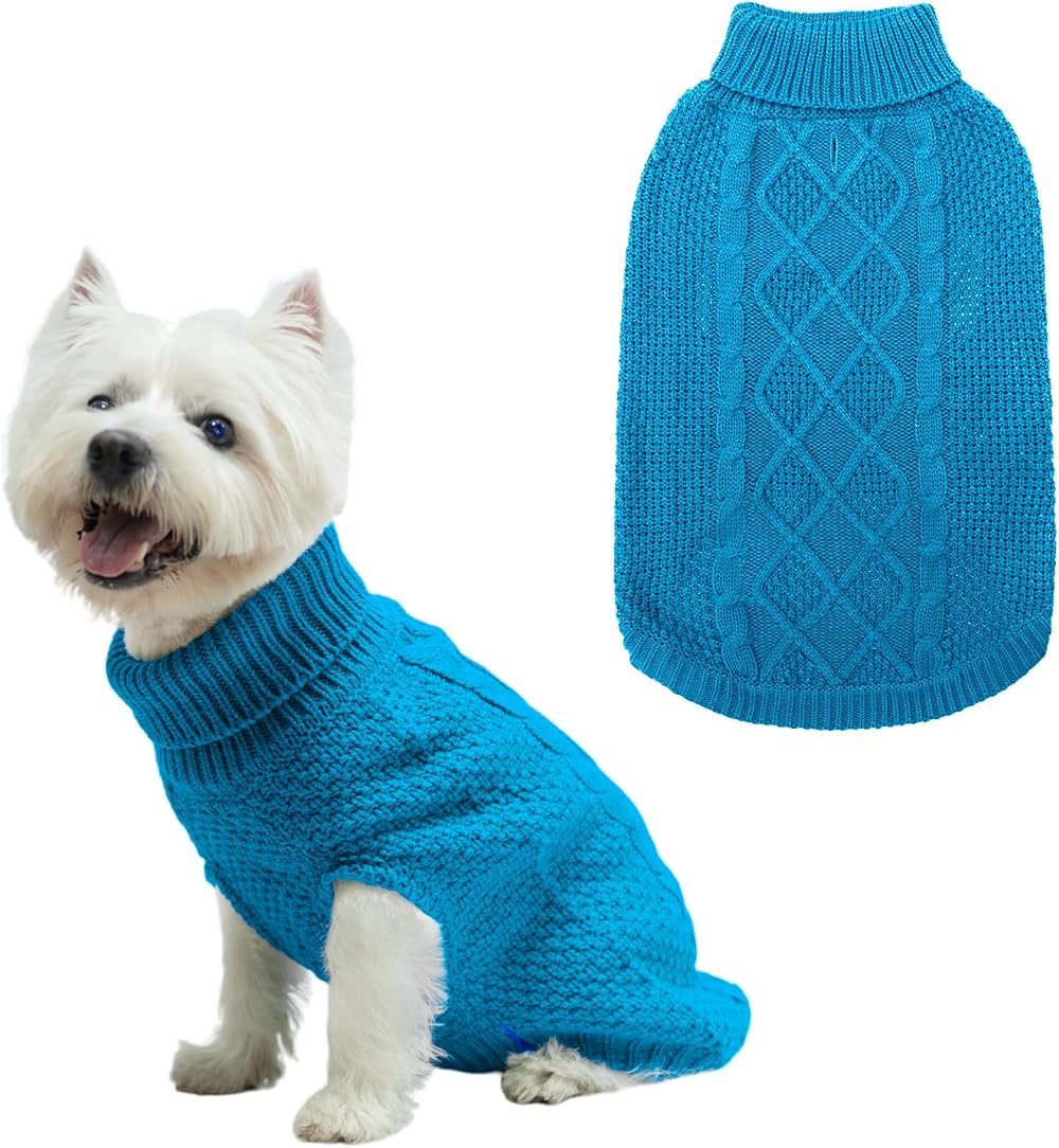 Mihachi Turtleneck Dog Jumper - Cable Knit Coat with Leash Hole, 7 Colors