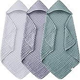 Ease Cubs 3-Pack Muslin Hooded Baby Towels, 100% Cotton, Ultra-Soft & Absorbent Baby Bath Towels with Hood for Babies, Infant, Toddler and Newbron (Grey, Green and Slate,32" x 32")