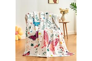 Jameswish Butterfly Throw Blanket for Girls Teens Women White Soft Fuzzy Flannel Bed Blanket for Kids Adults Plush Colorful Flowers Blanket,50”x60”