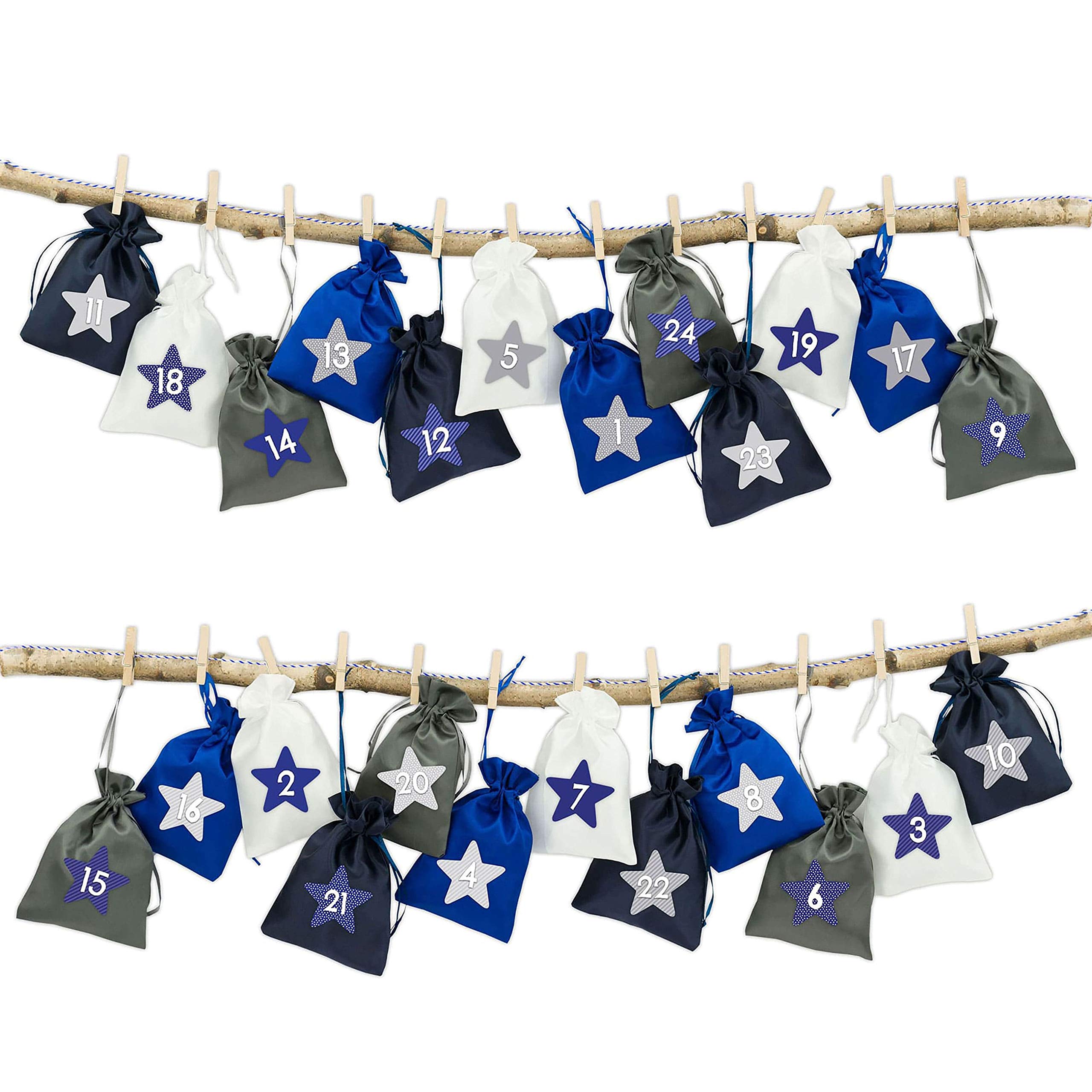 Papierdrachen 24 Advent calendar fabric pouches for you to craft for yourself - with bakers twine and wooden clips - decorative fabric pouches - navy blue No. 11