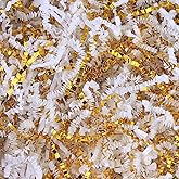 Crinkle Cut Paper Shred Filler 8 oz (1/2 lb) Gift Wrapping & Gift Basket Filler for Christmas, Halloween & Wedding Decorations,Crafting Activities,Many Color Options (White and Gold)