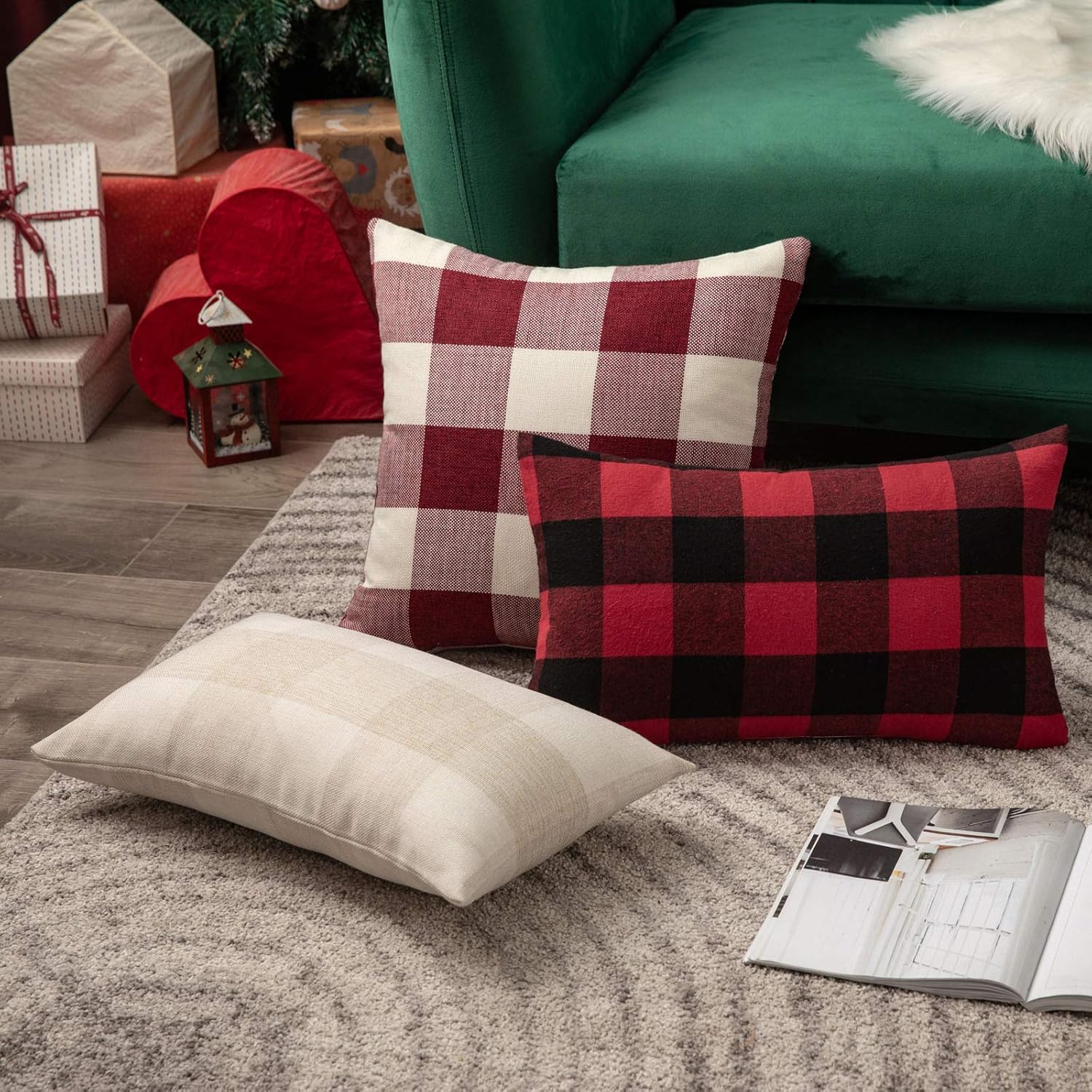 MIULEE Pack of 2 Retro Checkers Plaids Cotton Linen Soft Soild Decorative Square Throw Pillow Covers Home Decor Design Set Cushion Case for Sofa Bedroom Car 18x18 Inch Cream White and White: Home & Kitchen