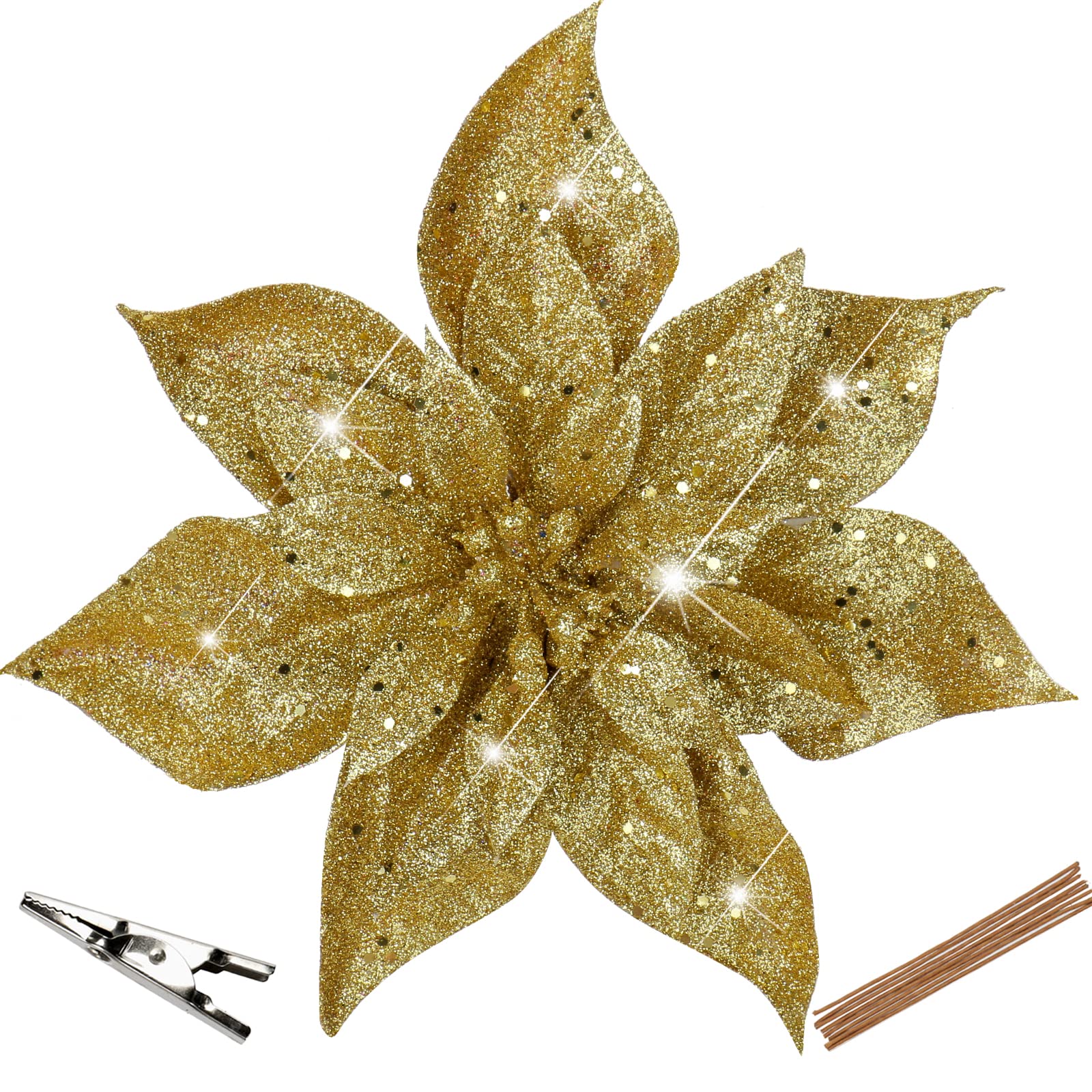 Oairse 8PCS Large Glitter Poinsettia 9"/23cm Gold Artificial Flowers with Clips Christmas Flower Fake Floral Ornaments for Xmas Tree Holiday Wedding New Year Halloween Christmas Tree Decorations