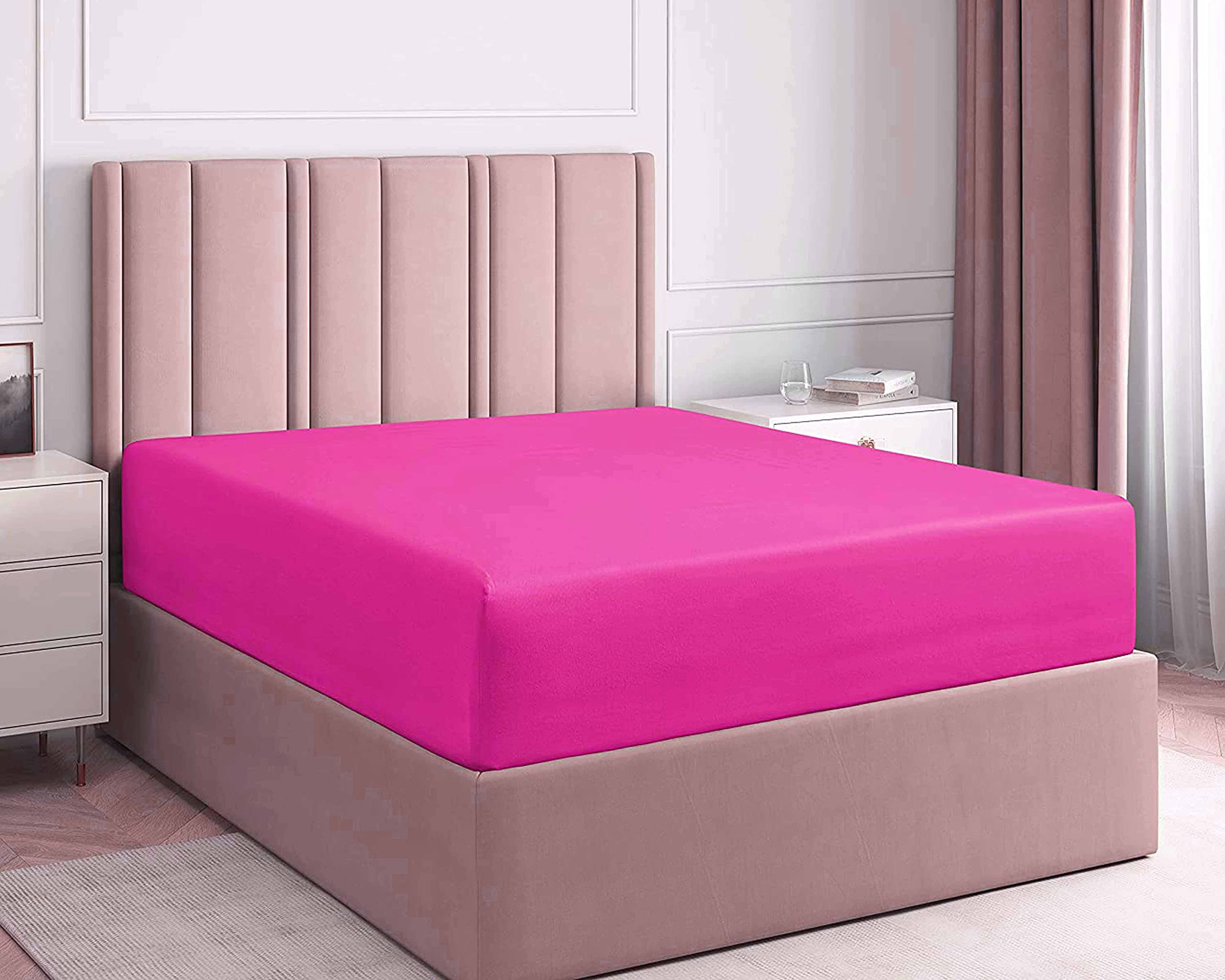 Extra Deep Fitted Sheet with Pair of Matching Pillowcase Double and King Sizes (Fuchsia, Double)