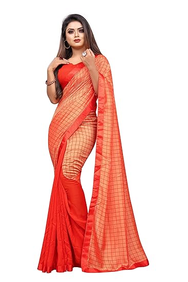 Market Magic World Womens Chex Vichitra Silk Half and Half Saree With Blouse Piece