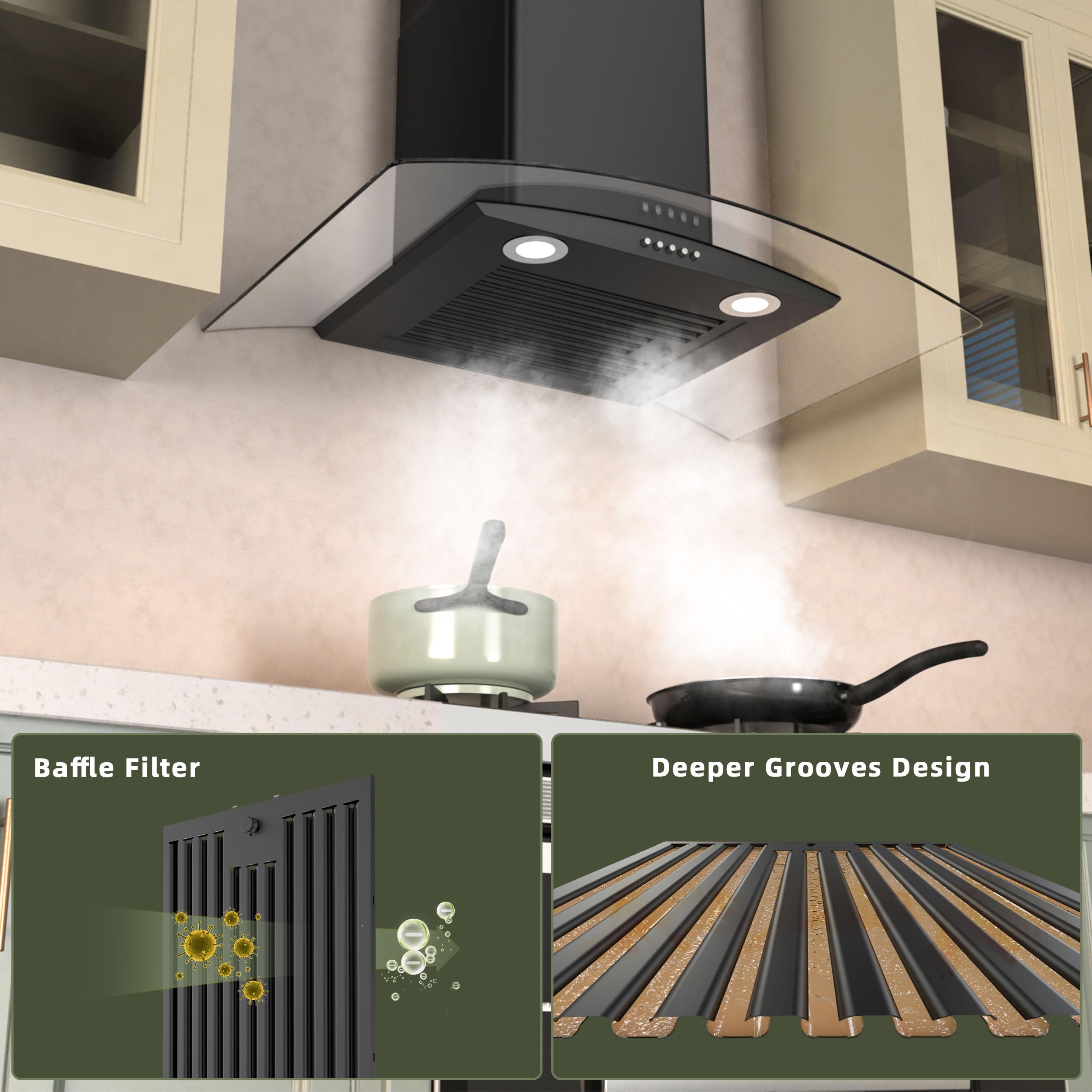 FIREGAS Wall Mount Range Hood 30 inch with 3 Speed Fan,black range hood with tempered glass,400CFM,Push Button Controls, LED Lighting, Permanent Filters in Stainless Steel,includes 2 Charcoal Filters