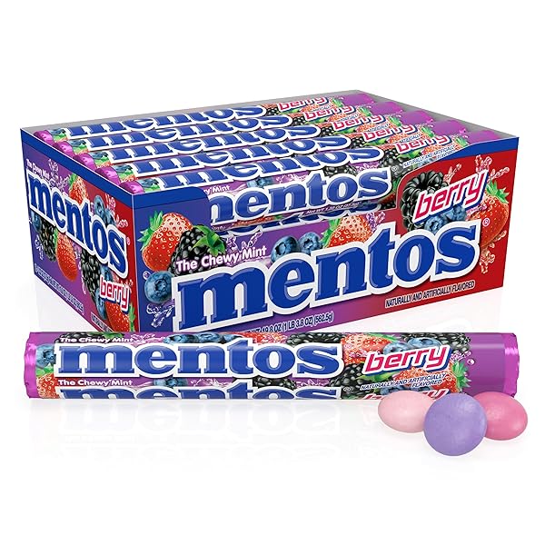MENTOS CANDY, CHEWY CANDY MINT ROLL, BERRY FLAVORED, AMAZON EXCLUSIVE, PARTY, OFFICE, CONCESSIONS, 14 PIECES (BULK PACK OF 15 ROLLS)