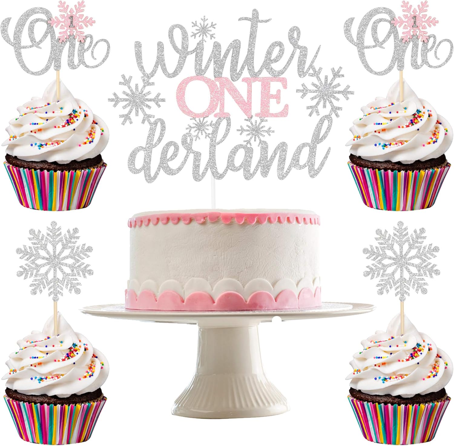 Winter Wonderland Decorations- Winter Onederland Cake Topper and 24 pcs Snowflake Cupcake Toppers - Winter Onederland Party Decorations Boy, Winter Party Decorations for Birthday, Winter Onederland 1st Birthday Girl Decorations, Winter Onederland Cupcake Toppers