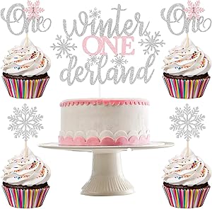Winter Wonderland Decorations- Winter Onederland Cake Topper and 24 pcs Snowflake Cupcake Toppers - Winter Onederland Party Decorations Boy, Winter Party Decorations for Birthday, Winter Onederland 1st Birthday Girl Decorations, Winter Onederland Cupcake Toppers