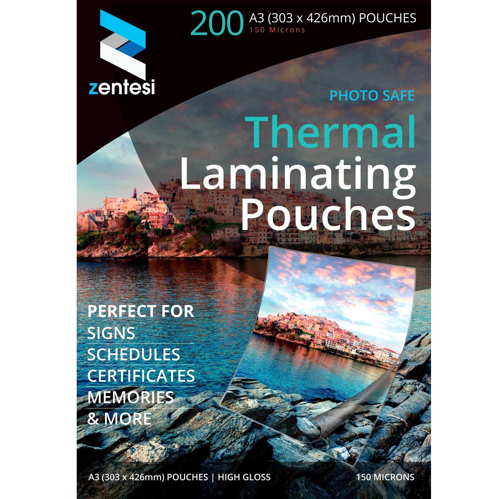 Zentesi A3 Laminating Pouches High Gloss Laminator Sheets 150 Micron (75 + 75 Microns) Glossy Laminate Pouch Sleeves - Pack of 200