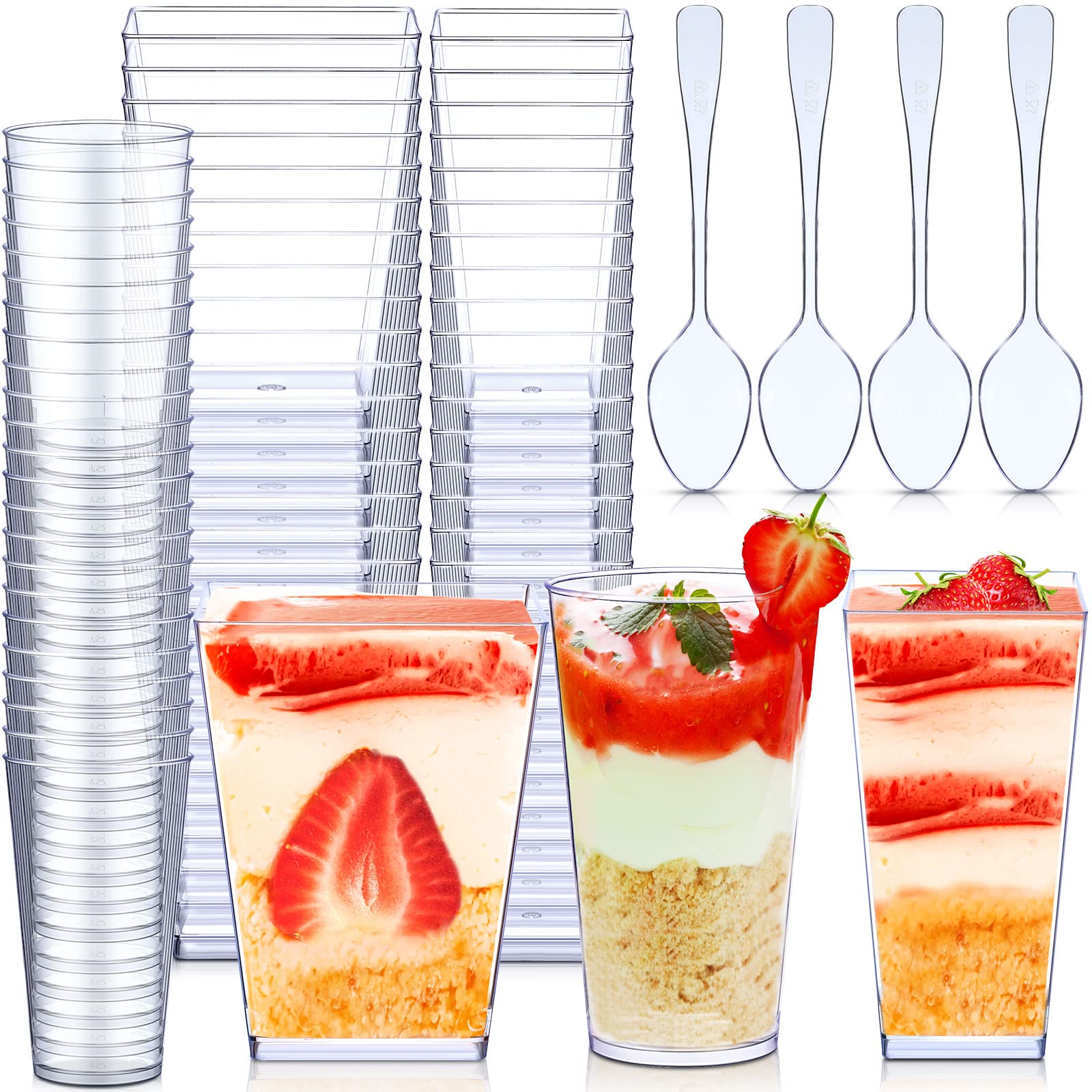 Photo 1 of **MISSING PARTS/ABOUT 60 CUPS AND SOME SPOONS**Zhehao 300 Packs 3 oz 5.6 oz Mini Dessert Cups with Spoons Plastic Parfait Appetizer Shooter Yogurt Cups Disposable Clear Square Dessert Serving Containers(Simple Style,Clear)