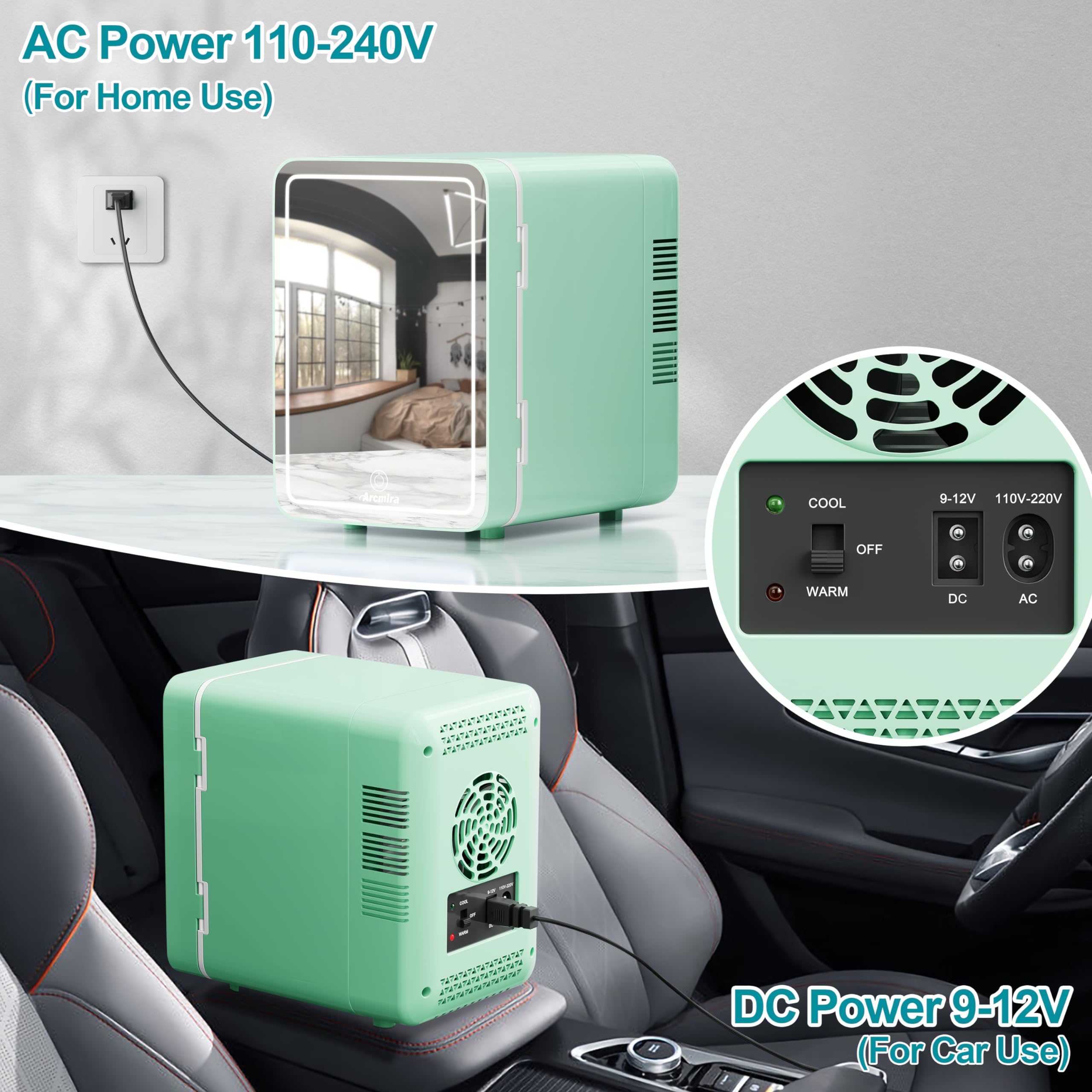 Arcmira Mini Skincare Fridge With Dimmable LED Light Mirror, 4L Makeup Fridge Cooler and Warmer for Bedroom, Car, Office, Portable Small Refrigerator AC/DC Powered for Cosmetics and Food, Green