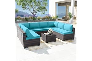 Delnavik Patio Furniture Set 9-Pieces Outdoor Furniture for Backyard Wicker Sectional Sofa Set, Rattan Patio Conversation Set with Thickened Cushions and Glass Coffee Table, Turquoise